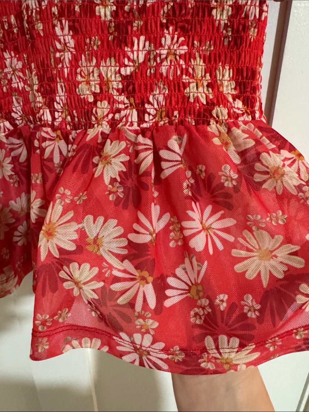 Maeve Red Daisy Smocked Peplum Blouse with Cream Collar - Picture 3 of 7